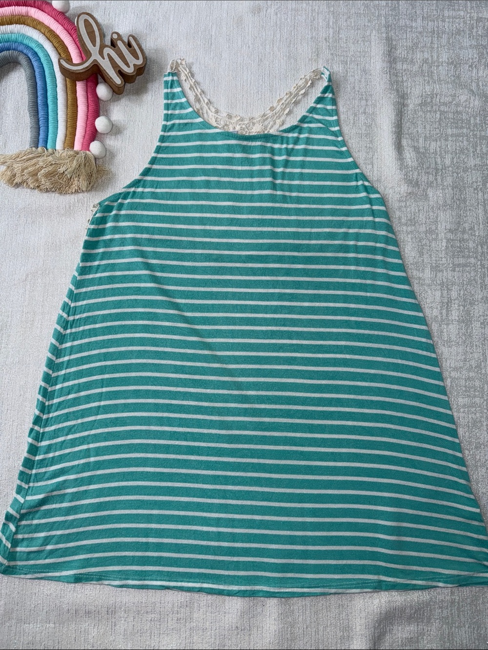Pink Blush Maternity Striped Teal & White Lace-Back Long Tank